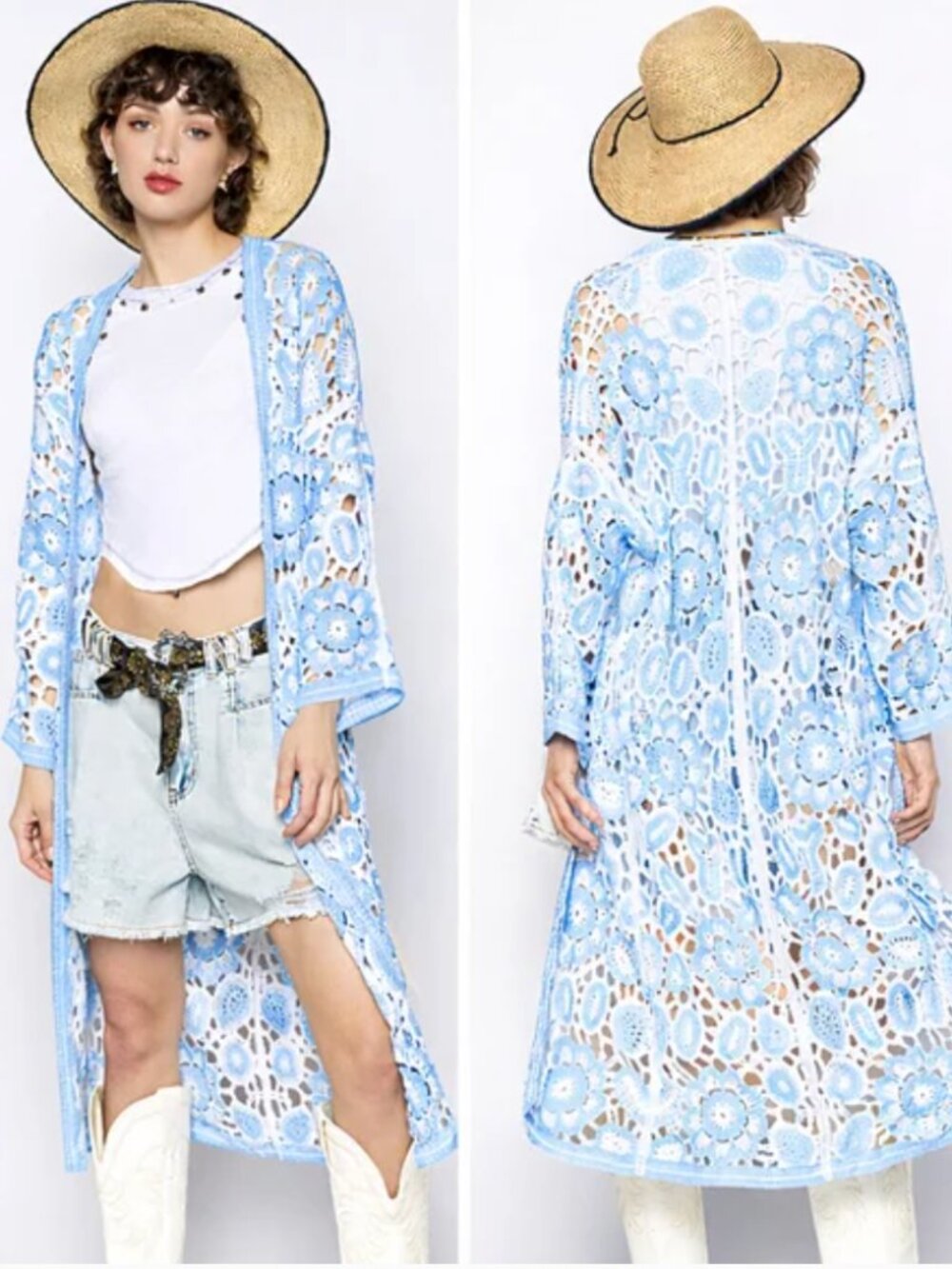 NEW POL Blue Crochet Long Duster Cardigan Boho Open Knit One Size Lightweight